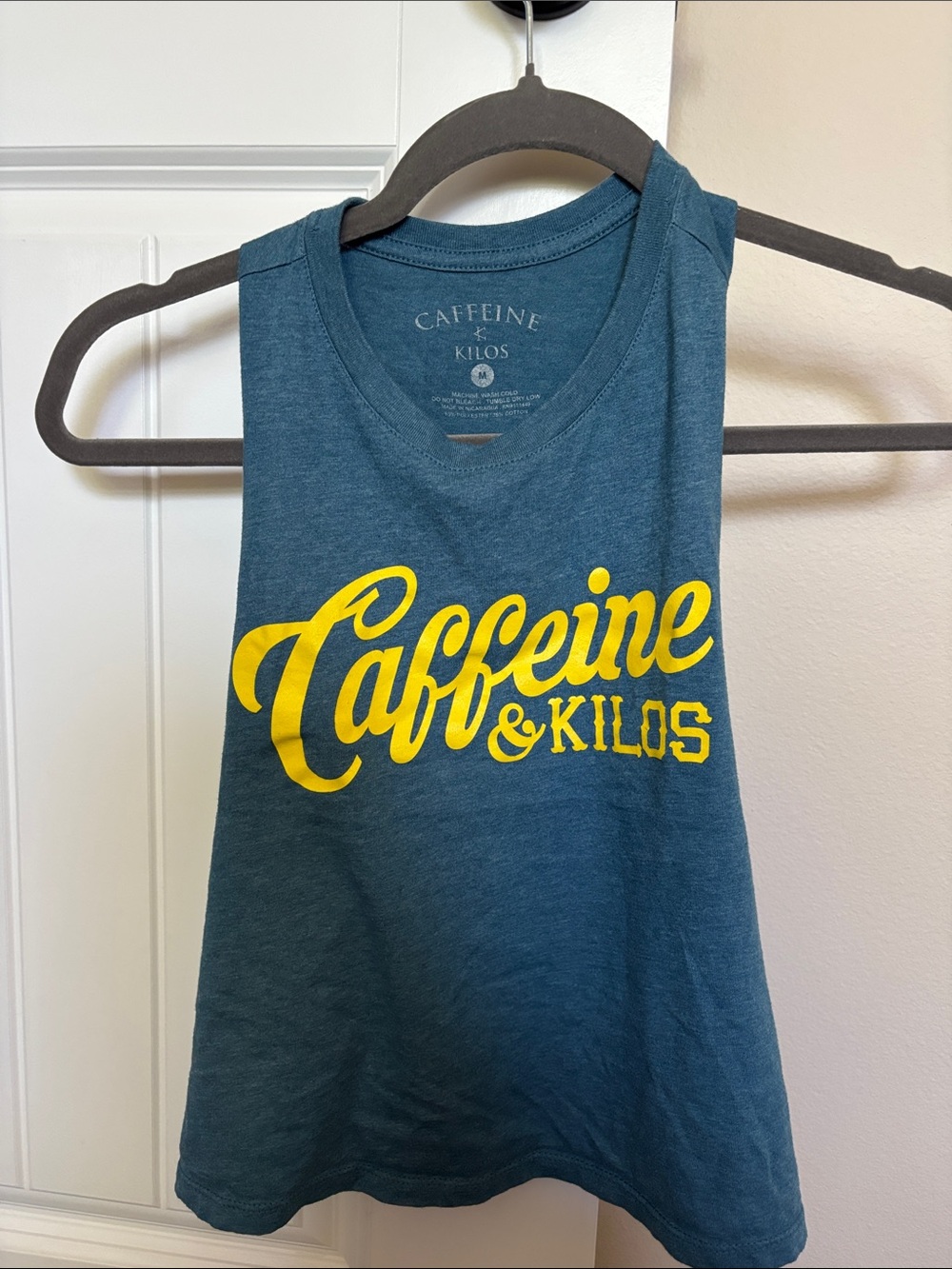 Caffeine & Kilos Teal Cropped Muscle Tank with Yellow Logo